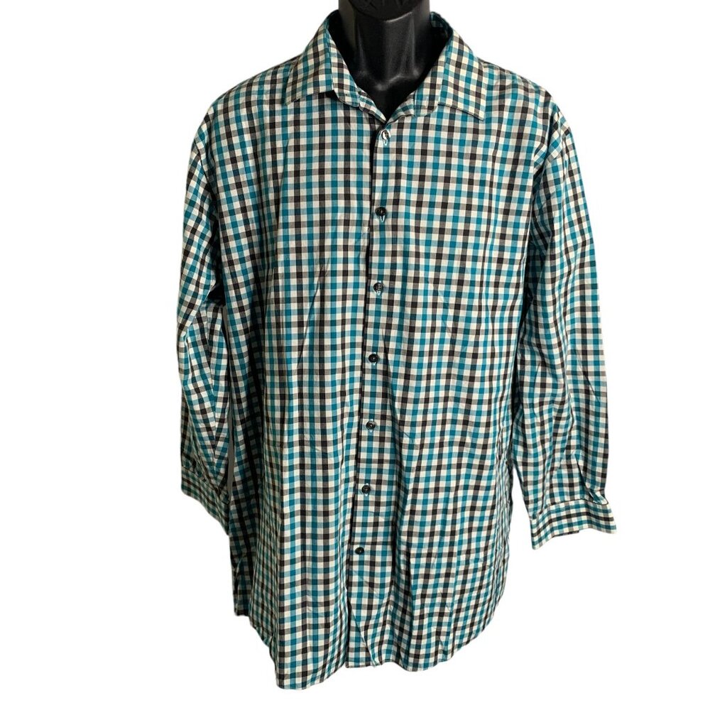 JF J Ferrar Slim Fit Button Up Shirt XL White Checkered Long Sleeves Cotton
